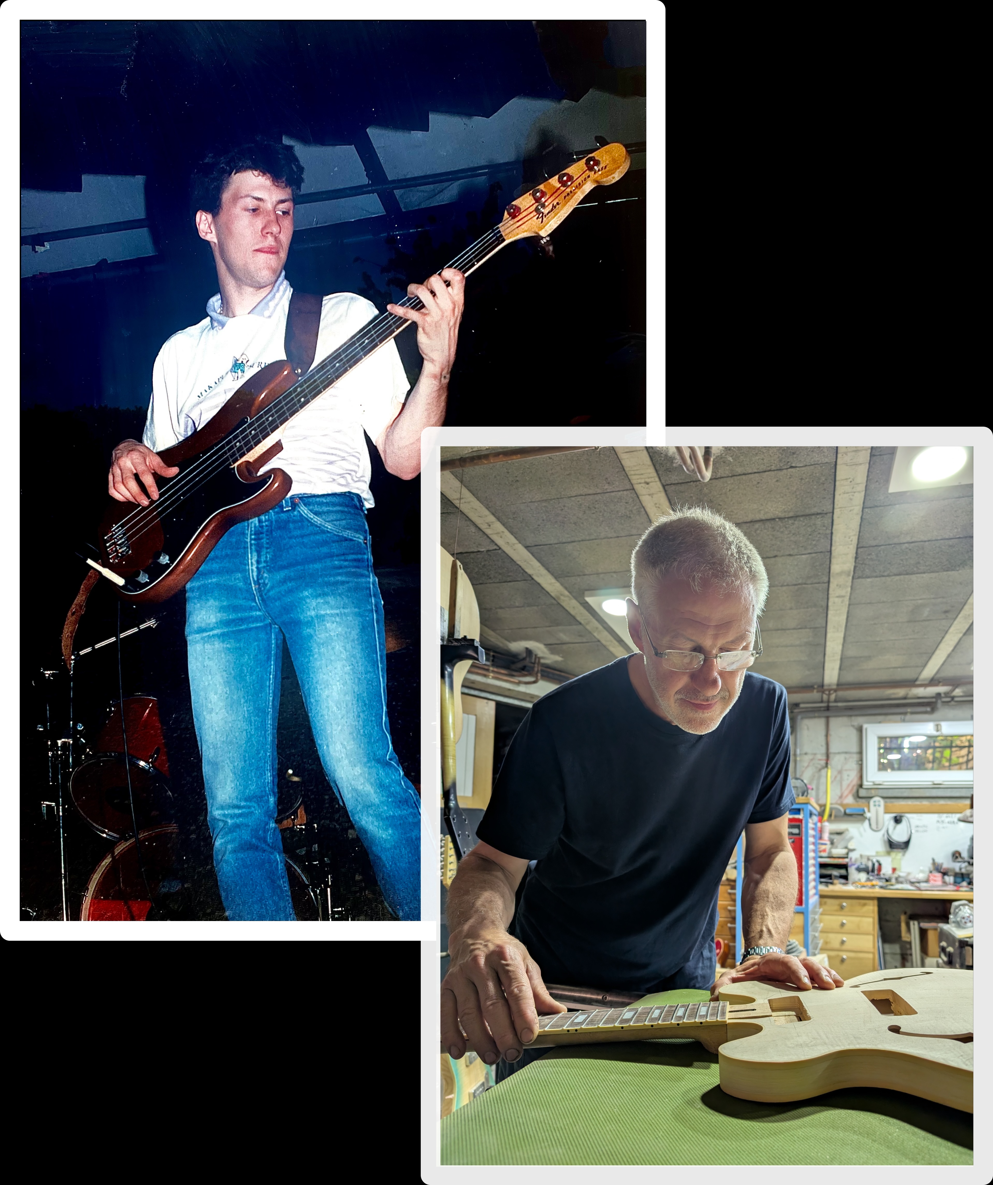 Fred à vingt ans avec une guitare et Fred maintenant dans son atelier