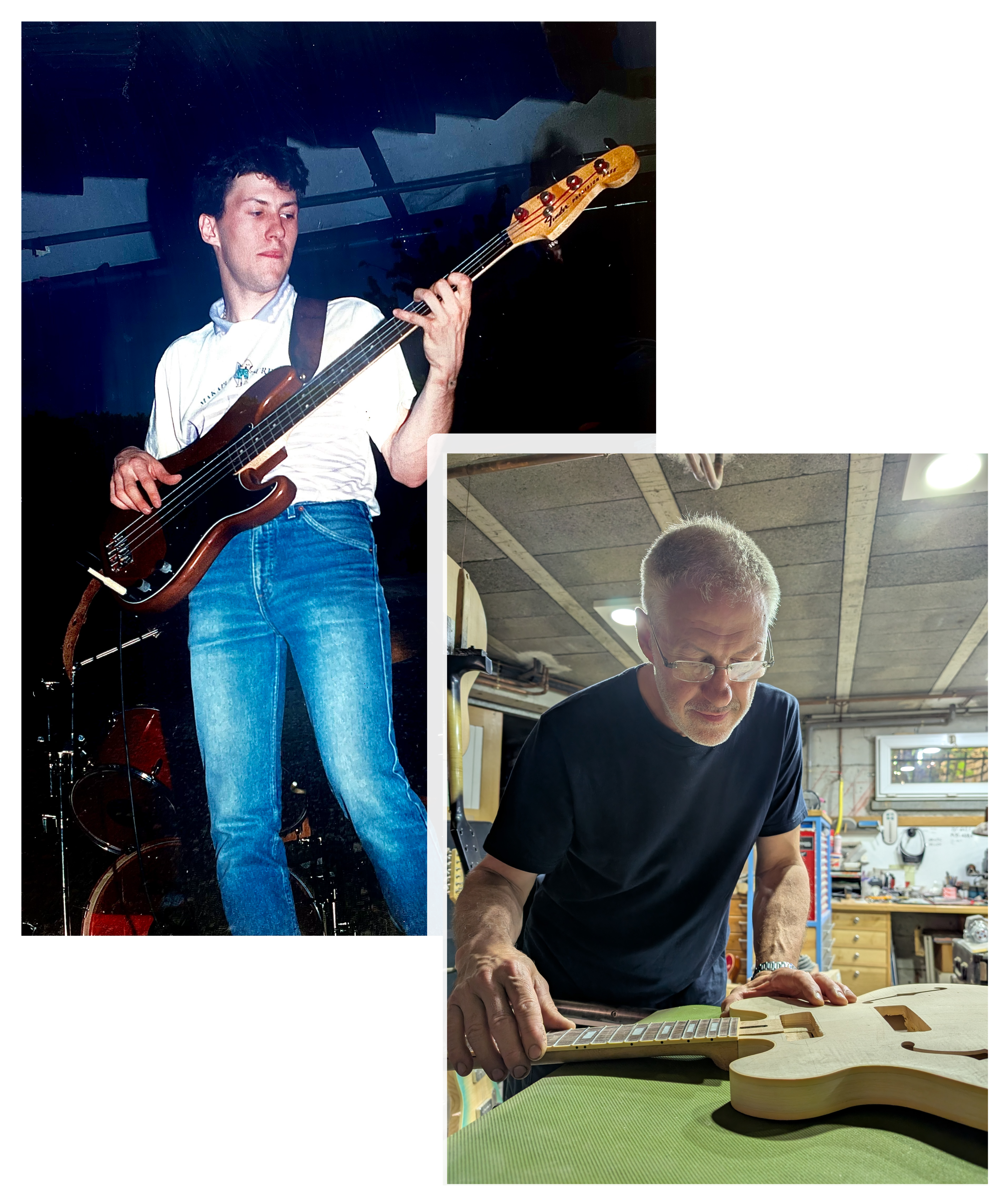 Fred à vingt ans avec une guitare et Fred maintenant dans son atelier